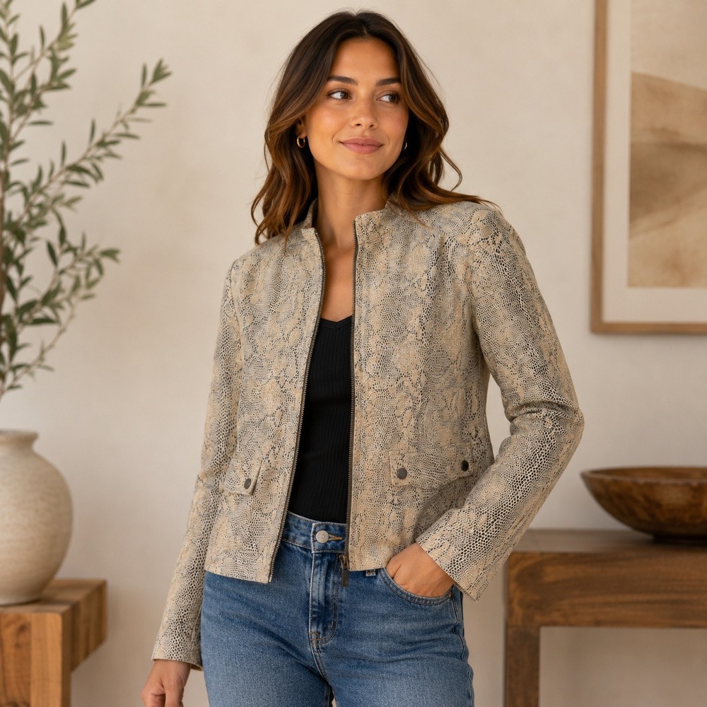 Alfani‎ Petite Genuine Leather Embossed Snakeskin Moto Jacket Beige Edgy Chic M